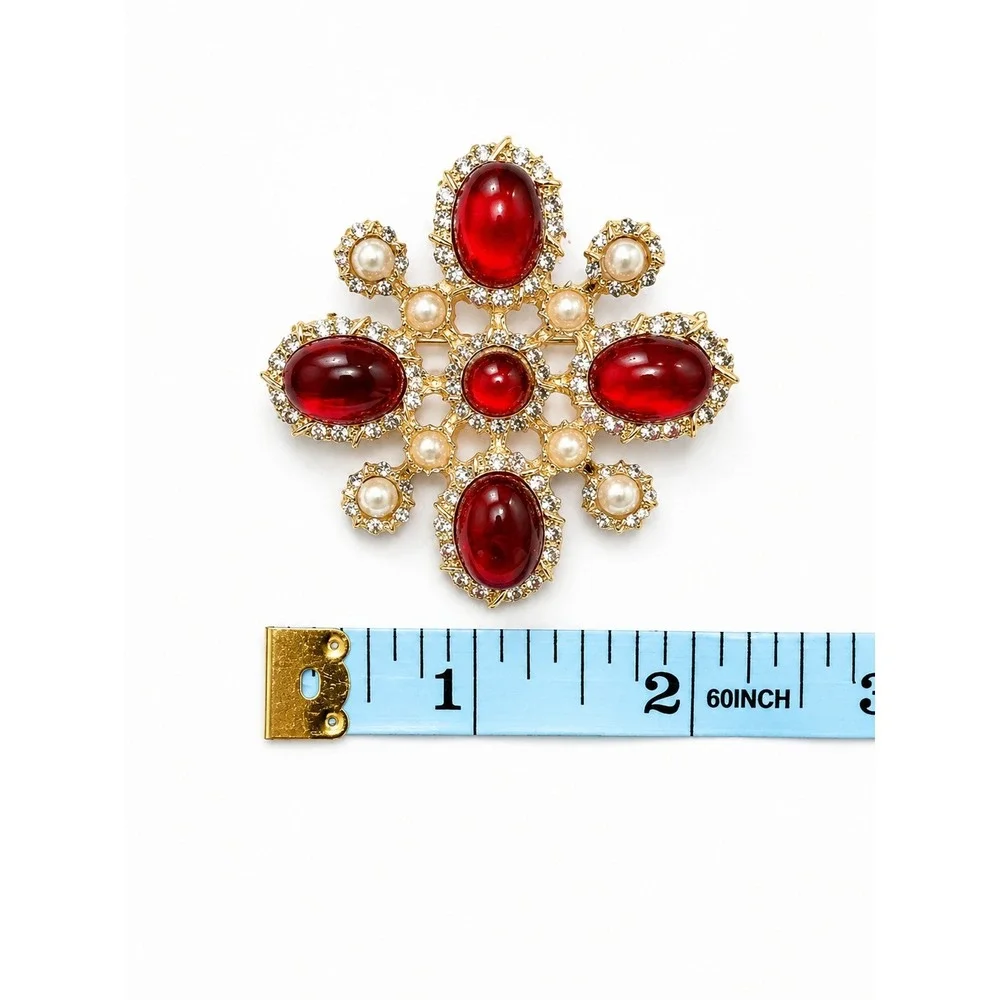 Red Cabochon Rhinestone Faux Pearl Brooch Gold Tone Snowflake Floral Pin